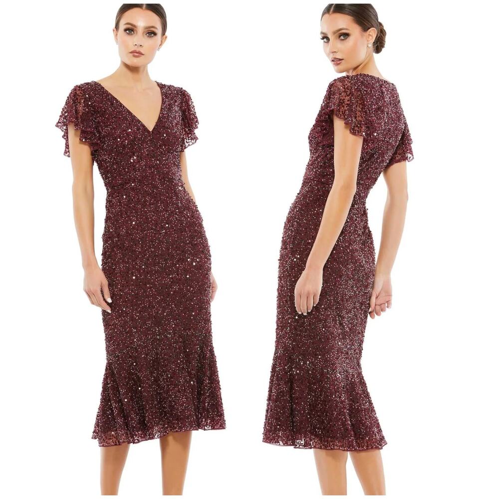 Mac Duggal NWT Sparkly Sequin V-Neck Short Sleeve Fitted Midi Dress Size 2